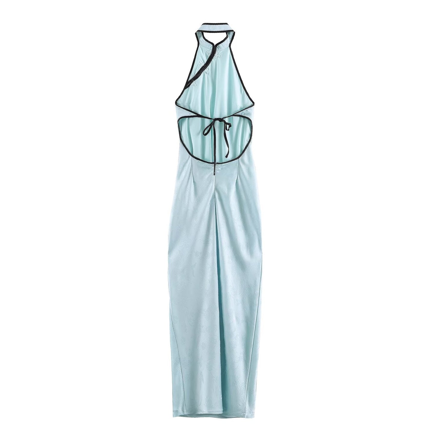 Women Clothing Cold Feeling Dark Pattern Jacquard Halter Improved Cheongsam Long Slimming Dress