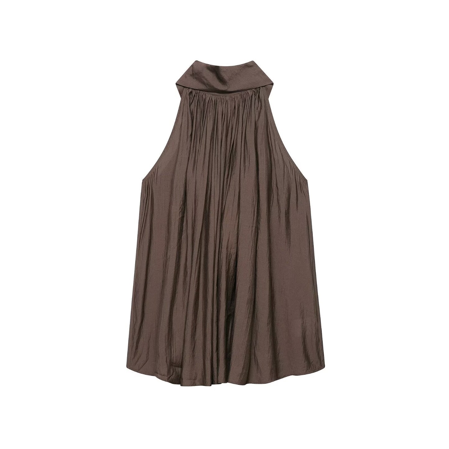 Satin Halter Sleeveless Top Pleated Relaxed Sense A line Shirt