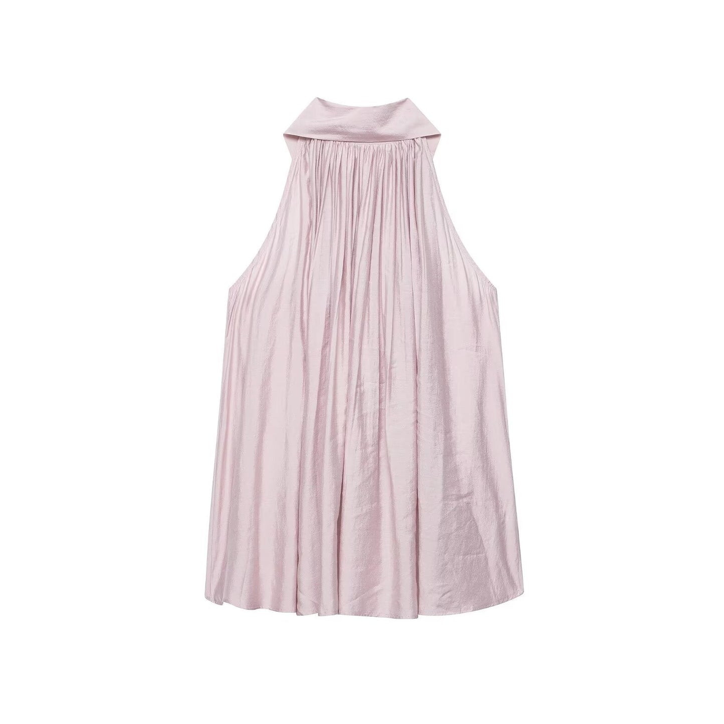 Satin Halter Sleeveless Top Pleated Relaxed Sense A line Shirt