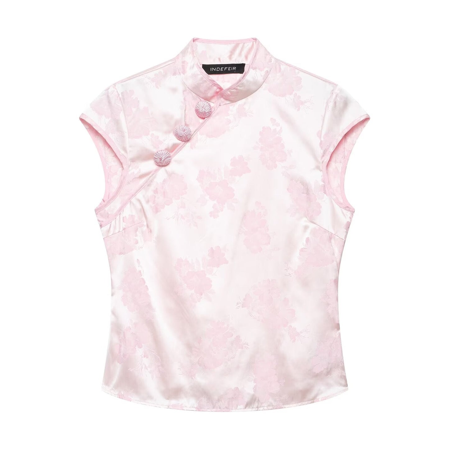 Women Clothing Summer Retro National Jacquard Silk Satin Texture Breasted Top