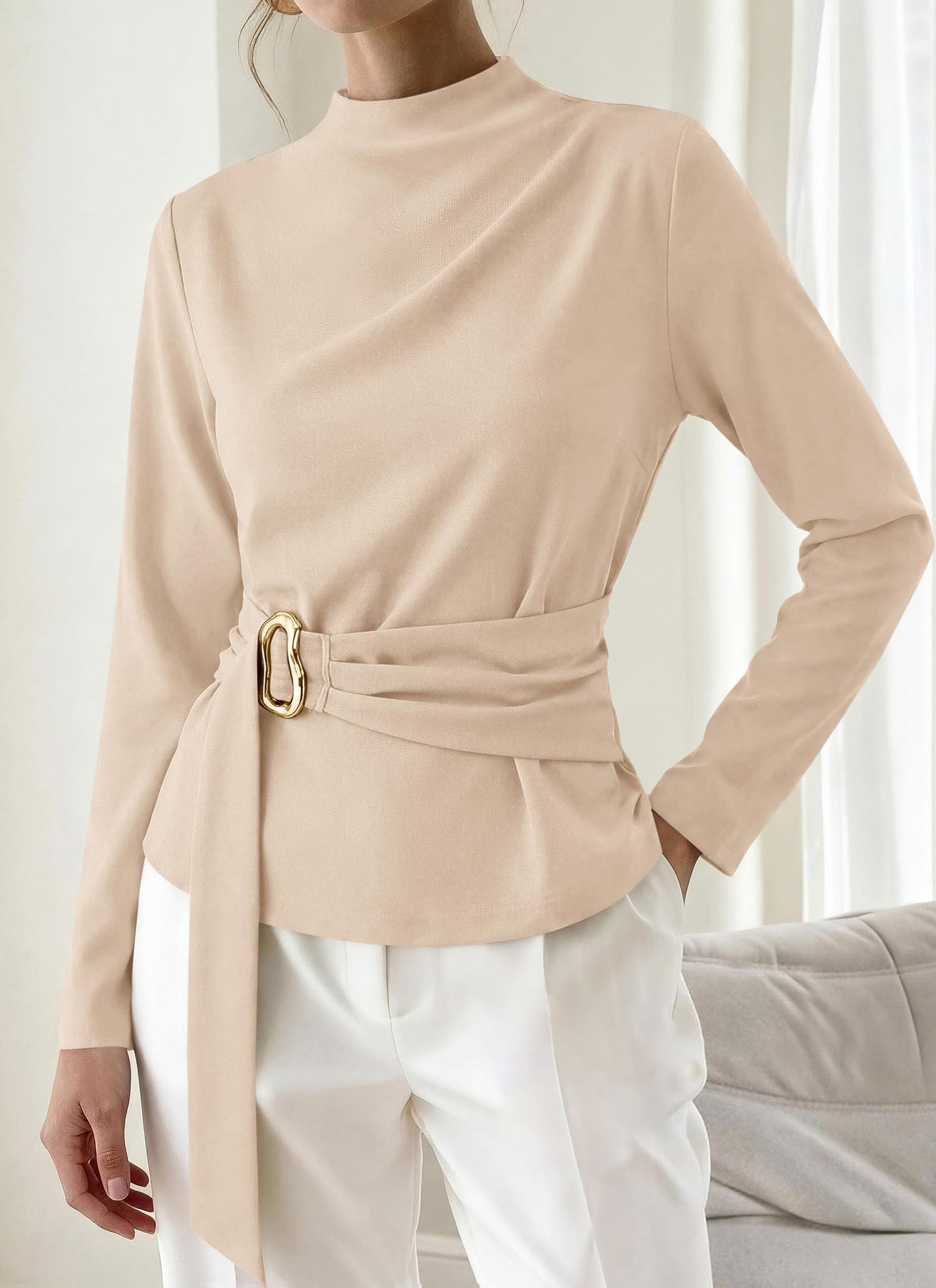 Women Office Solid Color Long Sleeve Belt Buckle Decorative Top