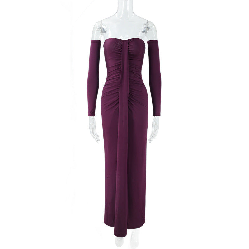 Women Clothing Autumn Wrapped Chest Pleated Slim Independent Sleeve Length Dress