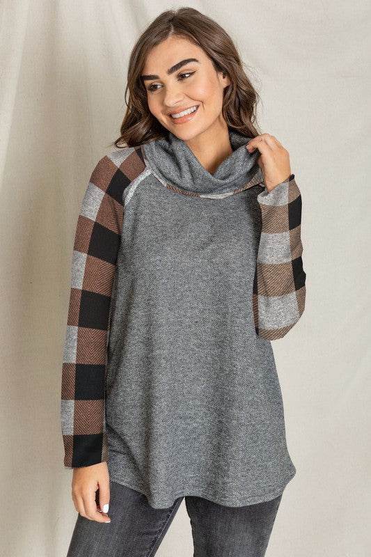 Terry Cowl Neck Checkered Sleeve Tunic