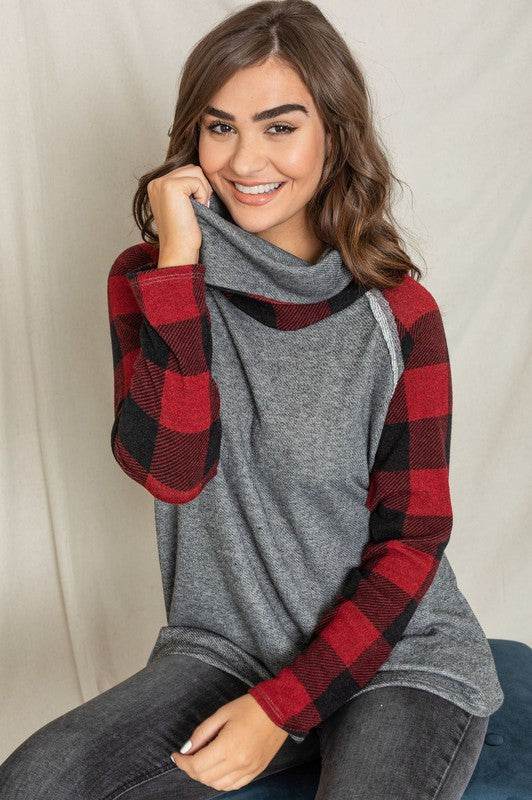 Terry Cowl Neck Checkered Sleeve Tunic