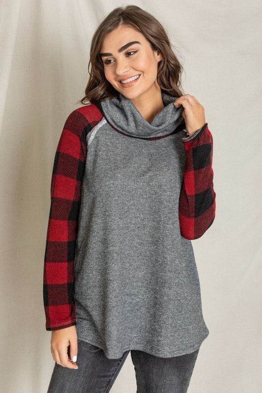 Terry Cowl Neck Checkered Sleeve Tunic
