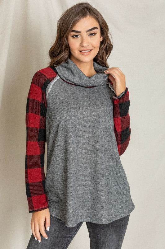 Terry Cowl Neck Checkered Sleeve Tunic