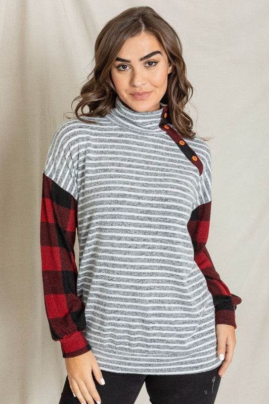 Turtle Neck Checker Sleeve Tunic