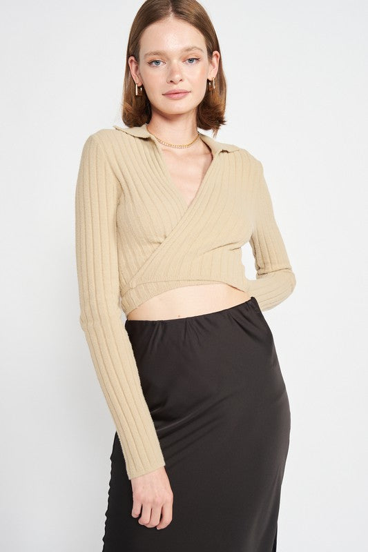 COLLARED LONG SLEEVE CROP TOP