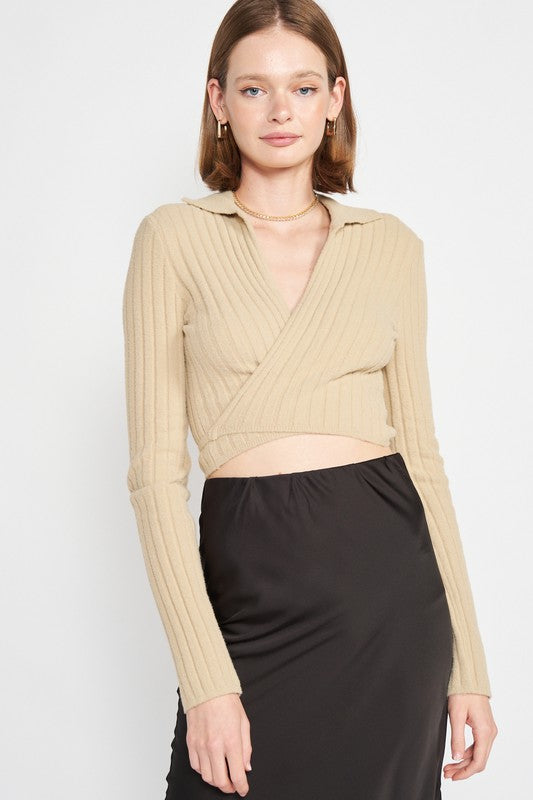 COLLARED LONG SLEEVE CROP TOP