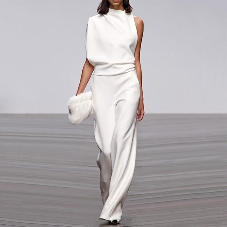 Women Pants Solid Color One Shoulder Pile Collar Jumpsuit Popular Dress Trousers
