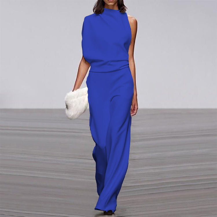 Women Pants Solid Color One Shoulder Pile Collar Jumpsuit Popular Dress Trousers