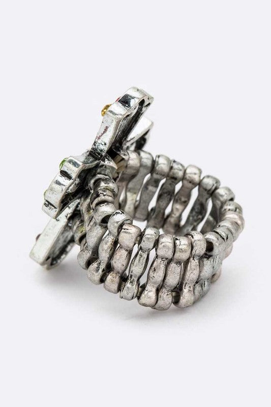 Crystal Cross Feur De Lis Stretch Ring
