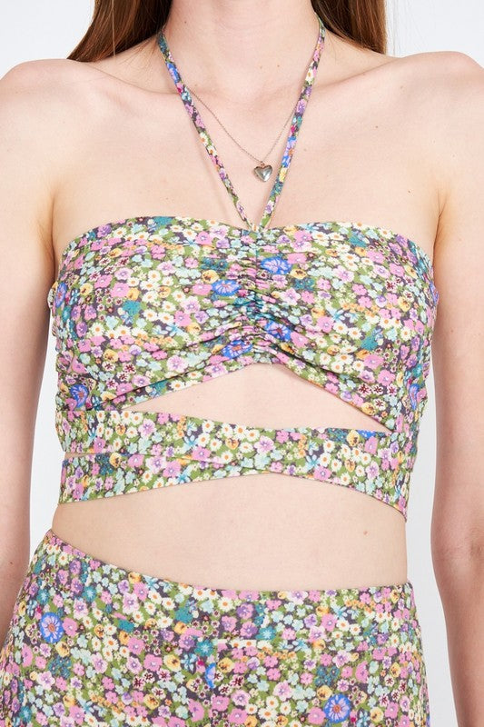 HALTER NECK FLORAL CROP TOP WITH BACK SMOCKING