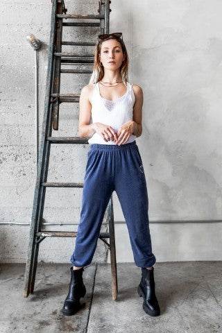 Blue Velour Joggers with Logo Embroidery