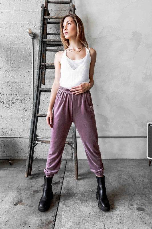 Pink Velour Joggers with Logo Embroidery