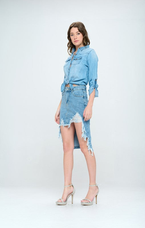 FRONT DESTROYED DENIM SKIRT