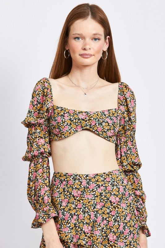 FLORAL PRINT PUFF SLEEVE CROP TOP