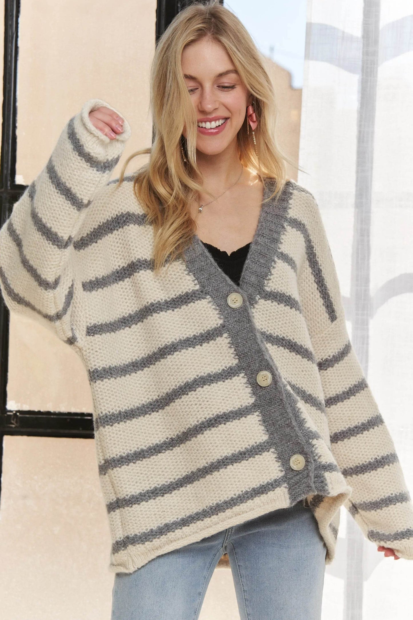 ADORA Horizontally Striped Button Up Cardigan