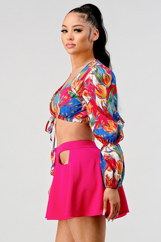 crop printed top and cutout pants set