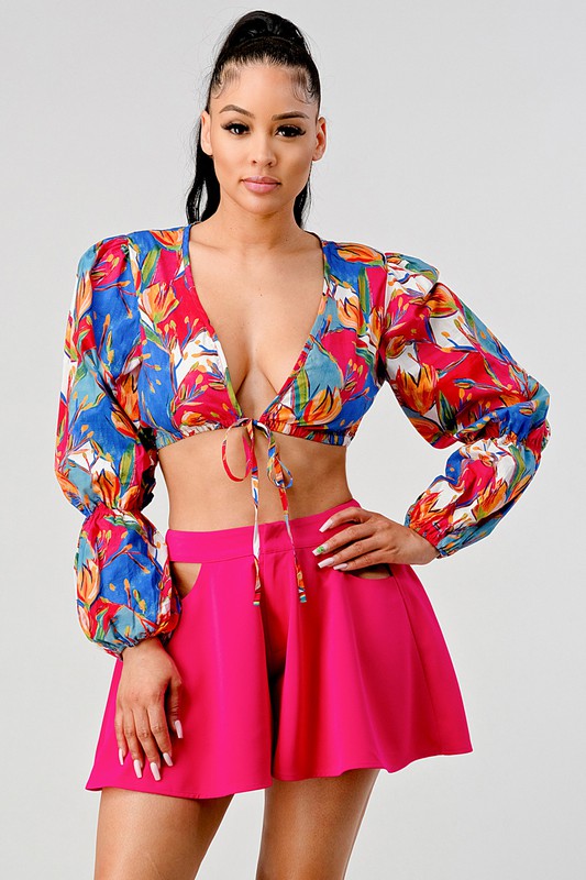 crop printed top and cutout pants set