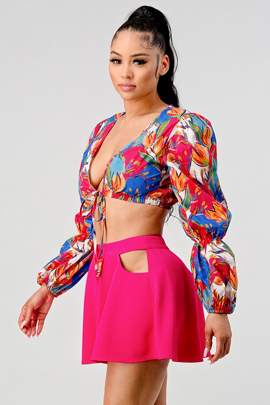 crop printed top and cutout pants set