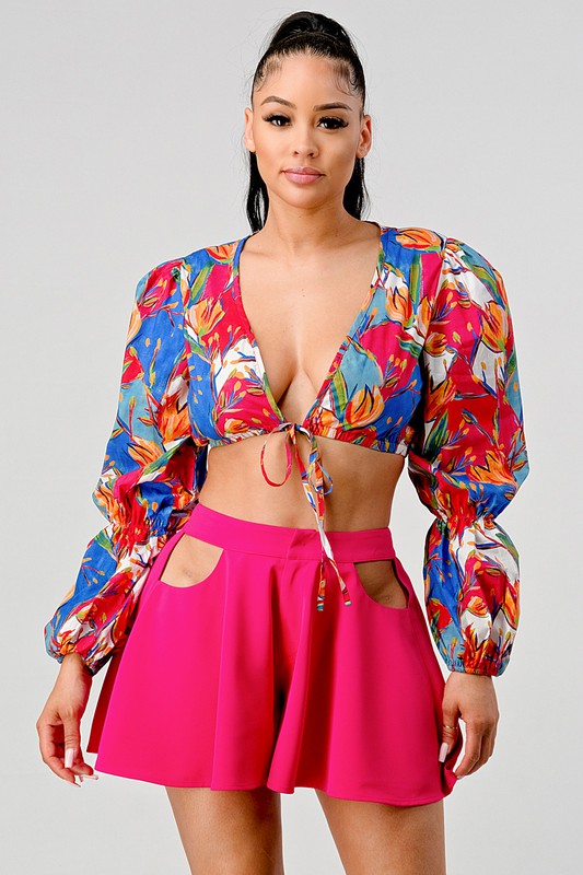 crop printed top and cutout pants set