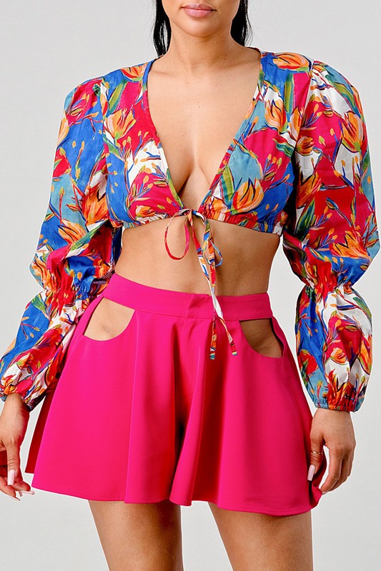 crop printed top and cutout pants set