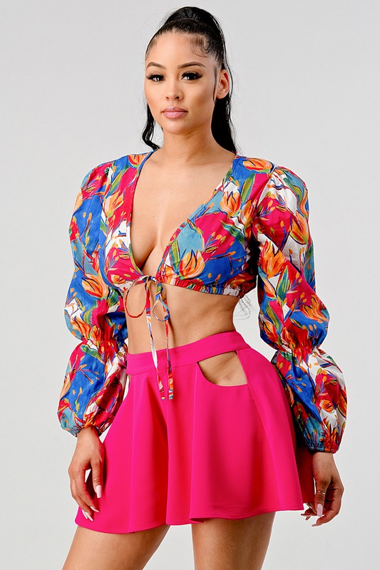 crop printed top and cutout pants set