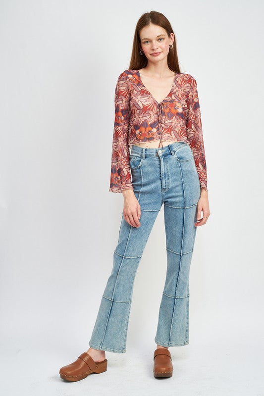 FLORAL MESH TOP WITH FRONT TIE