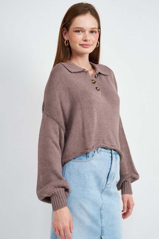 BUTTON UP BOXY CROPPED SWEATER