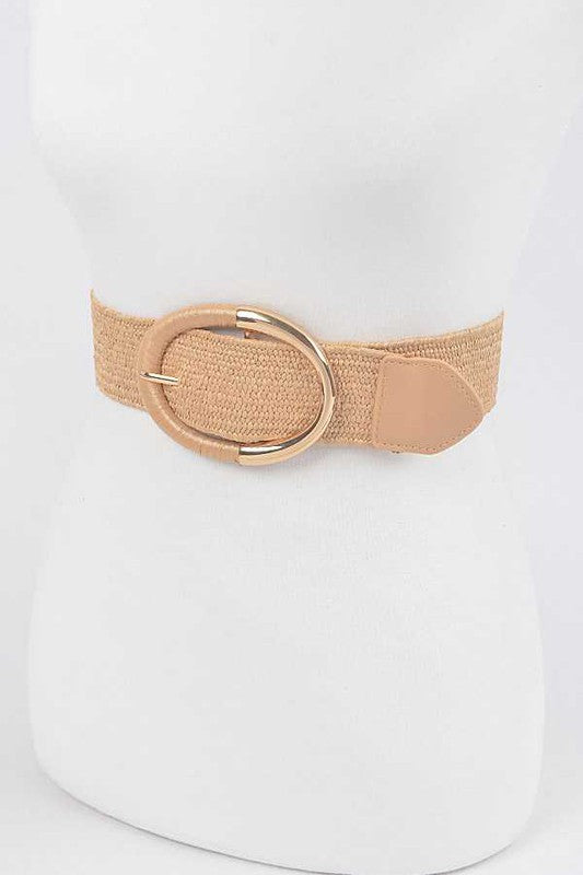 Oval Buckle Faux Straw Elastic Belt