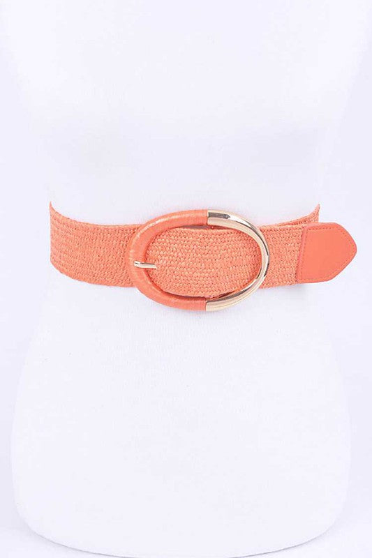 Oval Buckle Faux Straw Elastic Belt