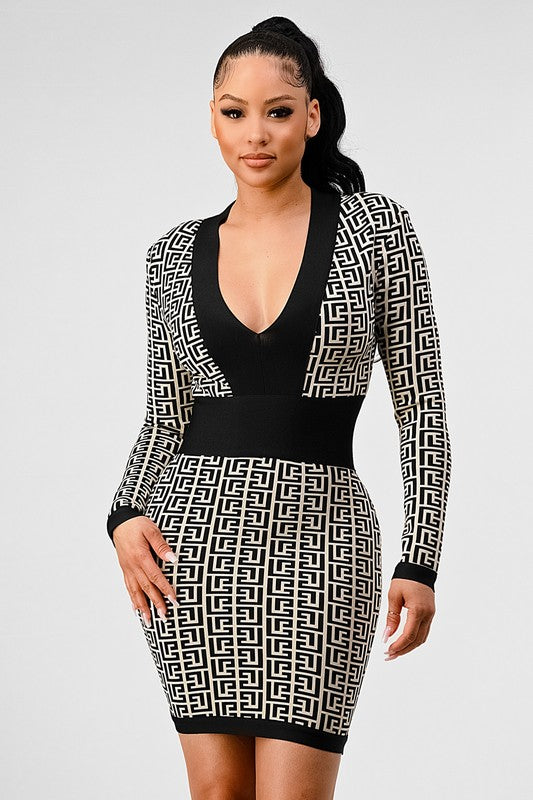 BLACK AND WHITE PRINT BANDAGE DRESS