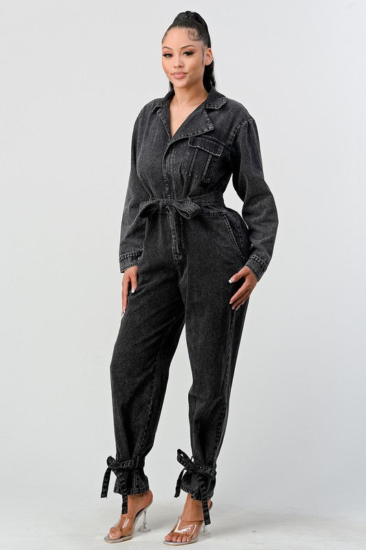 BLACK WASHED DENIM TIE DETAIL JUMPSUIT