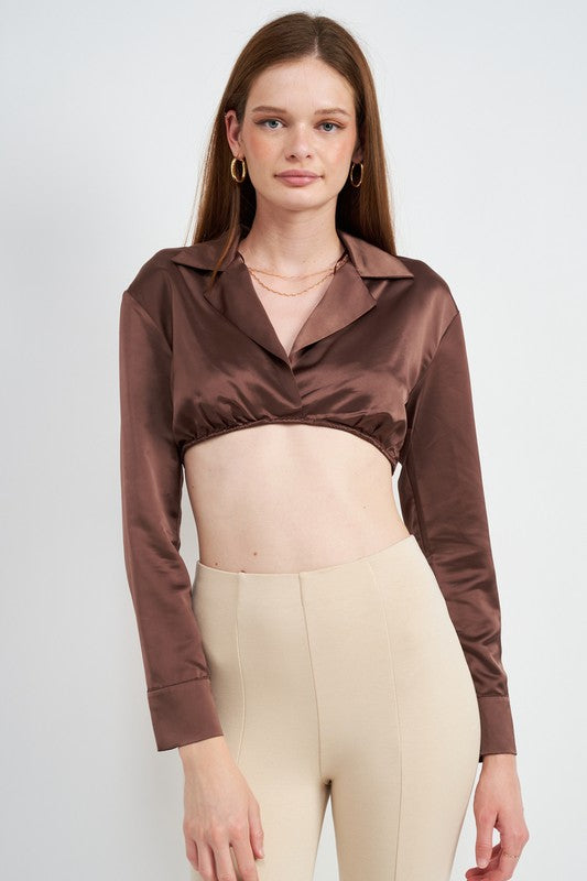 LONG SLEEVE COLLARED CROP TOP WITH UNDERWIRE