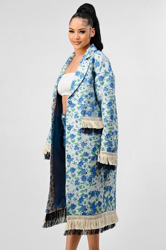 FLORAL PRINT TASSLE TRENCH COAT