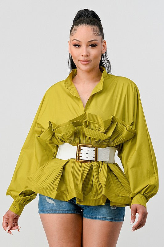 PLEATED RUFFLE WASIT BELT LONG  BLOUSE