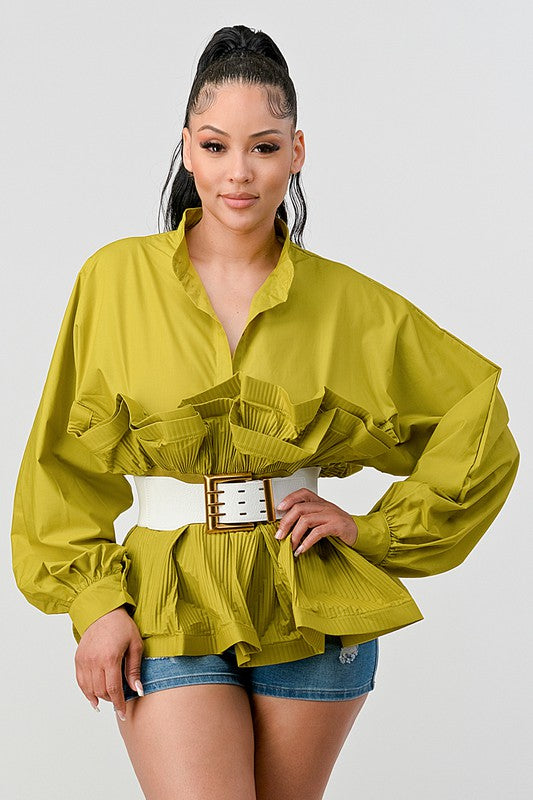 PLEATED RUFFLE WASIT BELT LONG  BLOUSE