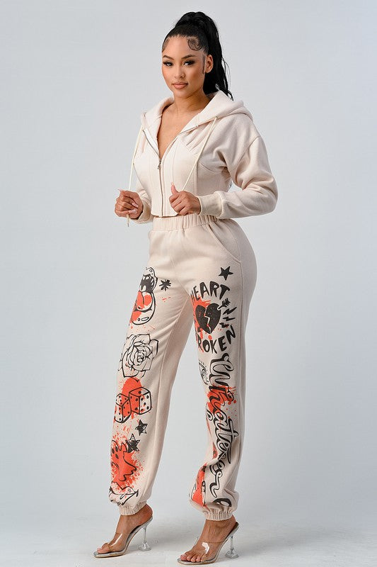 CASUAL JACKET AND GRAPHIC PANTS SET