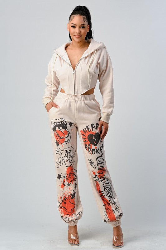 CASUAL JACKET AND GRAPHIC PANTS SET