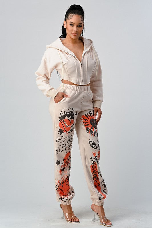 CASUAL JACKET AND GRAPHIC PANTS SET