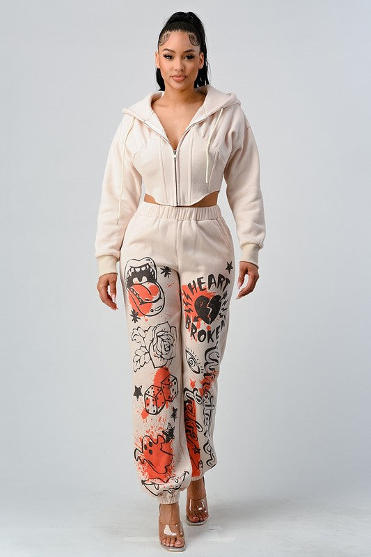 CASUAL JACKET AND GRAPHIC PANTS SET