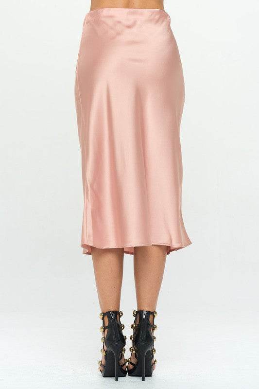 Made in USA Solid Stretch Satin Midi Skirt