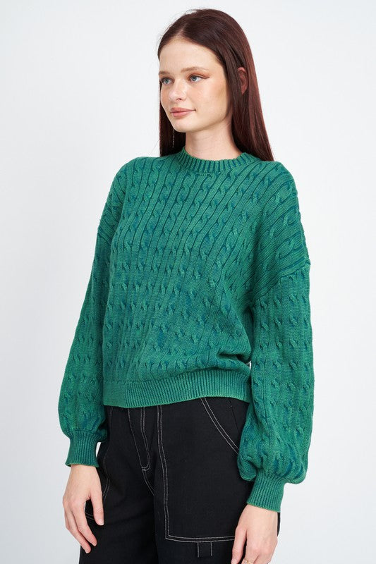 CABLE KNIT TOP WITH BUBBLE SLEEVES