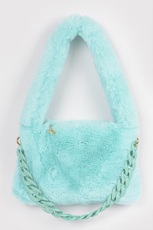 Faux Fur Chain Accent Shoulder Bag