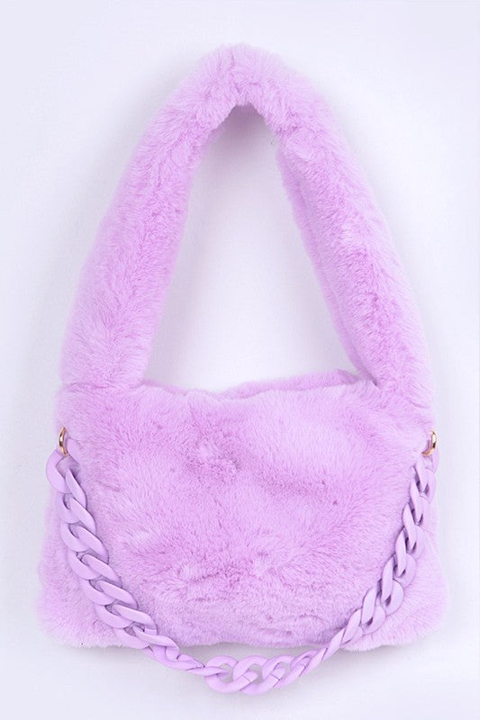 Faux Fur Chain Accent Shoulder Bag