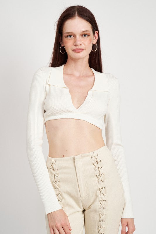 COLLARED V NECK CROP TOP