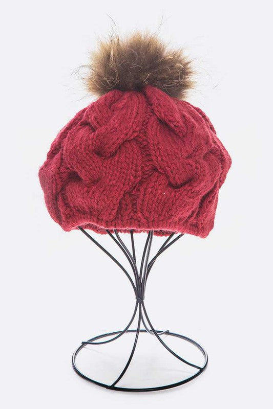 Cotton Cable Knit Large Fur Pom Beanie