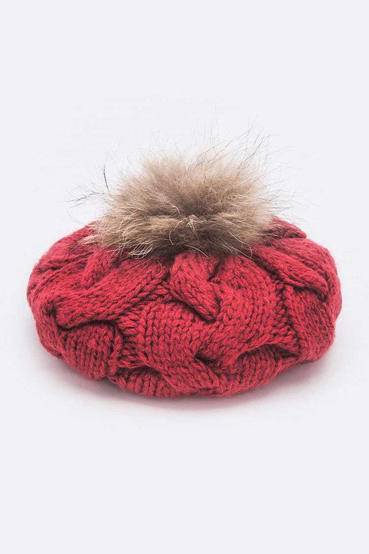 Cotton Cable Knit Large Fur Pom Beanie