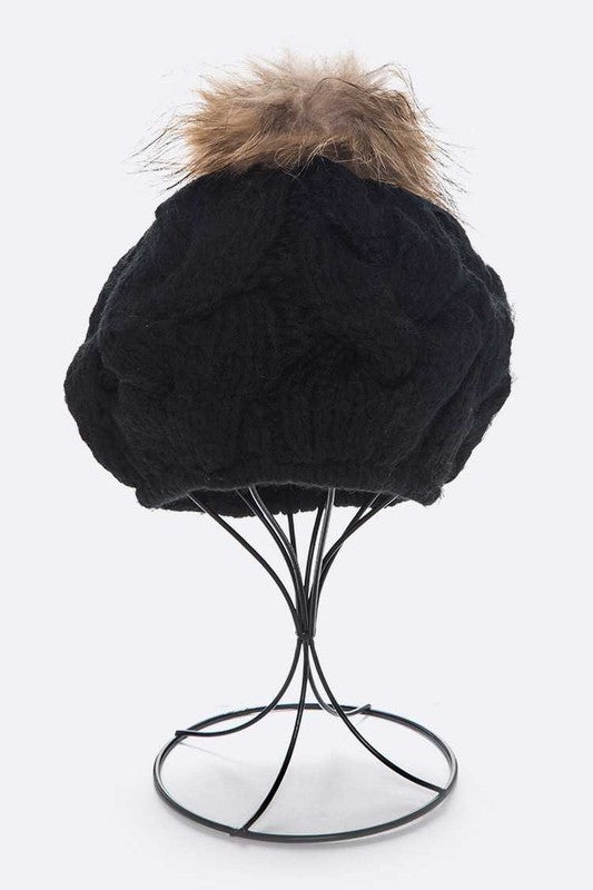 Cotton Cable Knit Large Fur Pom Beanie